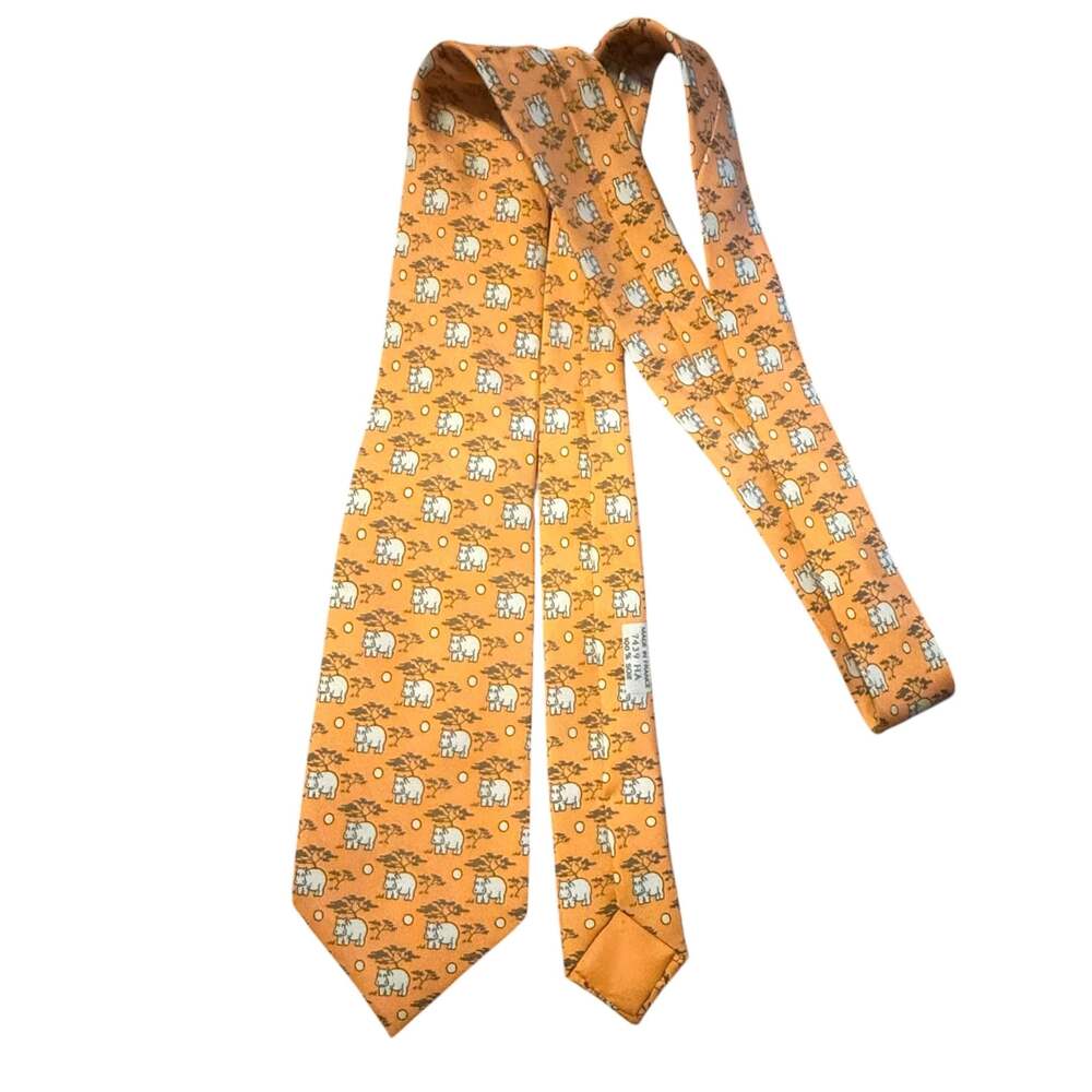 Hermès Silk Necktie with Hippo and Tree Pattern in Orange